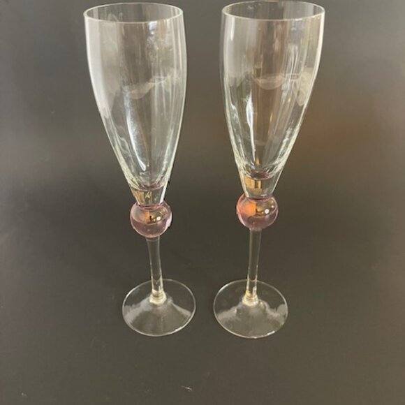 Pair of Elegant Champagne Flutes – 9.5" Tall, Long Stem with Pink Ball Decor - Picture 5 of 8